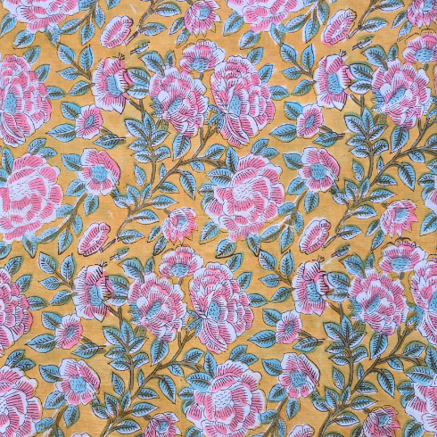 Floral pattern with pink flowers and green leaves on a yellow background