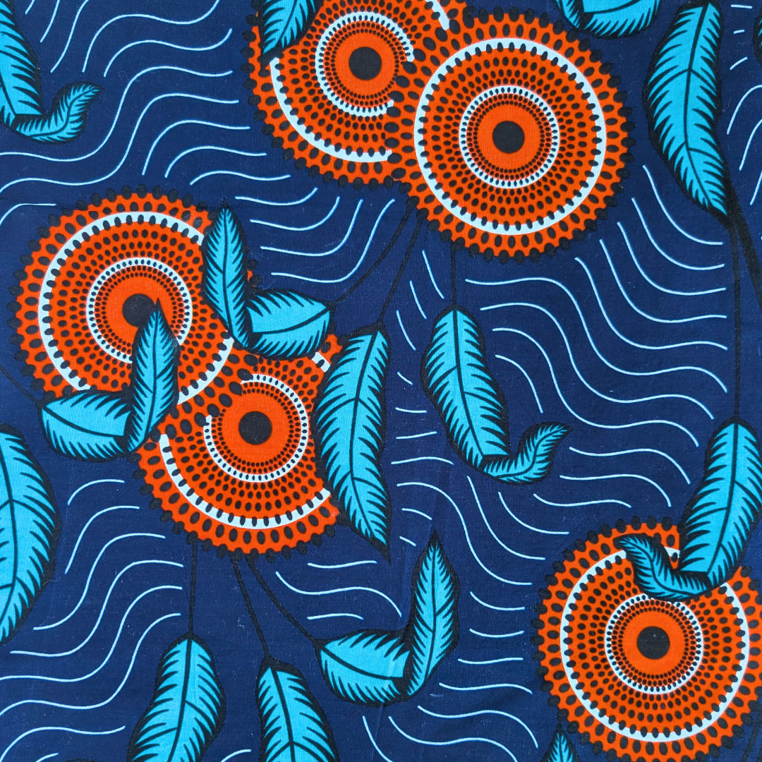 Blue and orange circle and feathers East African Kitenge